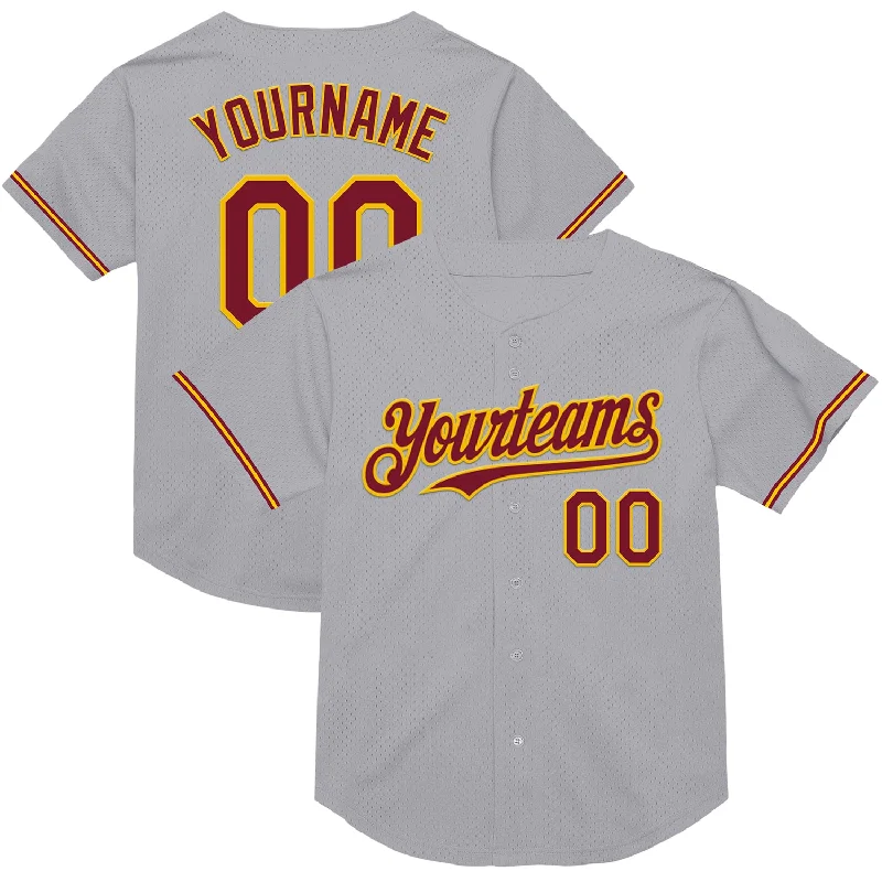 Baseball Jerseys For Corporate Sports Events-Custom Gray Crimson-Yellow Mesh Authentic Throwback Baseball Jersey