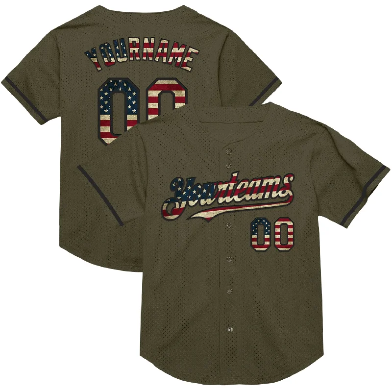 Custom Baseball Jerseys With Custom Sleeve Text-Custom Olive Vintage USA Flag-Black Mesh Authentic Throwback Salute To Service Baseball Jersey