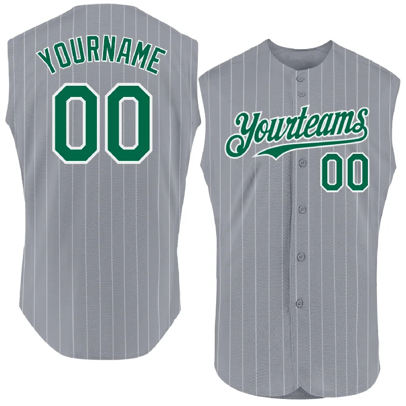 Personalized Baseball Jerseys For Player Participation-Custom Gray White Pinstripe Kelly Green Authentic Sleeveless Baseball Jersey