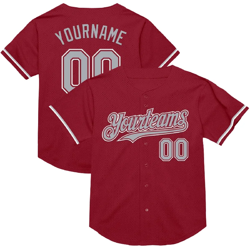 Custom Baseball Jerseys For Major Events-Custom Maroon Gray-White Mesh Authentic Throwback Baseball Jersey