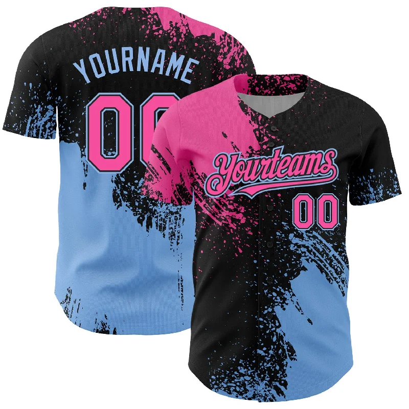 Custom Baseball Jerseys For Group Recognition-Custom Pink Black-Light Blue 3D Pattern Design Abstract Brush Stroke Authentic Baseball Jersey