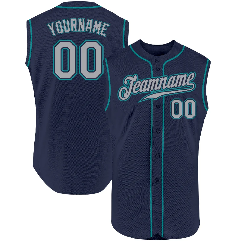 Baseball Jerseys With Custom Fabric Options-Custom Navy Gray-Teal Authentic Sleeveless Baseball Jersey