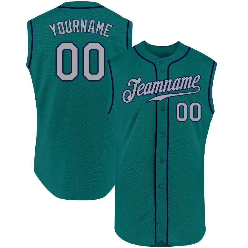 Baseball Jerseys For Corporate Team Activities-Custom Aqua Gray-Navy Authentic Sleeveless Baseball Jersey