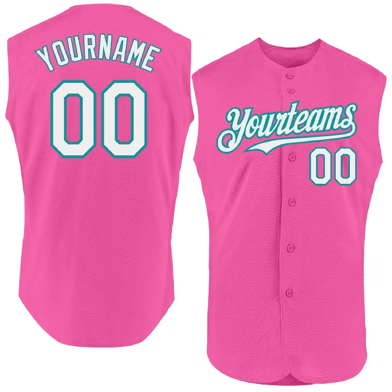 Custom Baseball Jerseys For Competitive Leagues-Custom Pink White-Teal Authentic Sleeveless Baseball Jersey