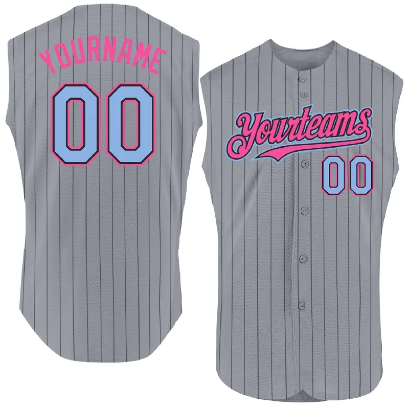 Baseball Jerseys For Custom Player Recognition-Custom Gray Black Pinstripe Light Blue-Pink Authentic Sleeveless Baseball Jersey