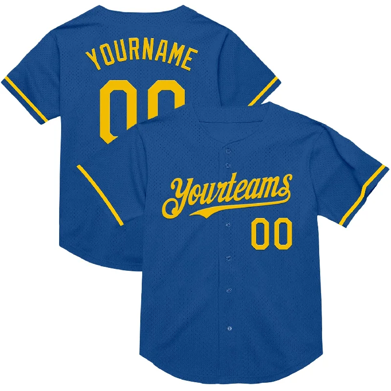 Custom Baseball Jerseys For Club Recognition-Custom Blue Yellow Mesh Authentic Throwback Baseball Jersey