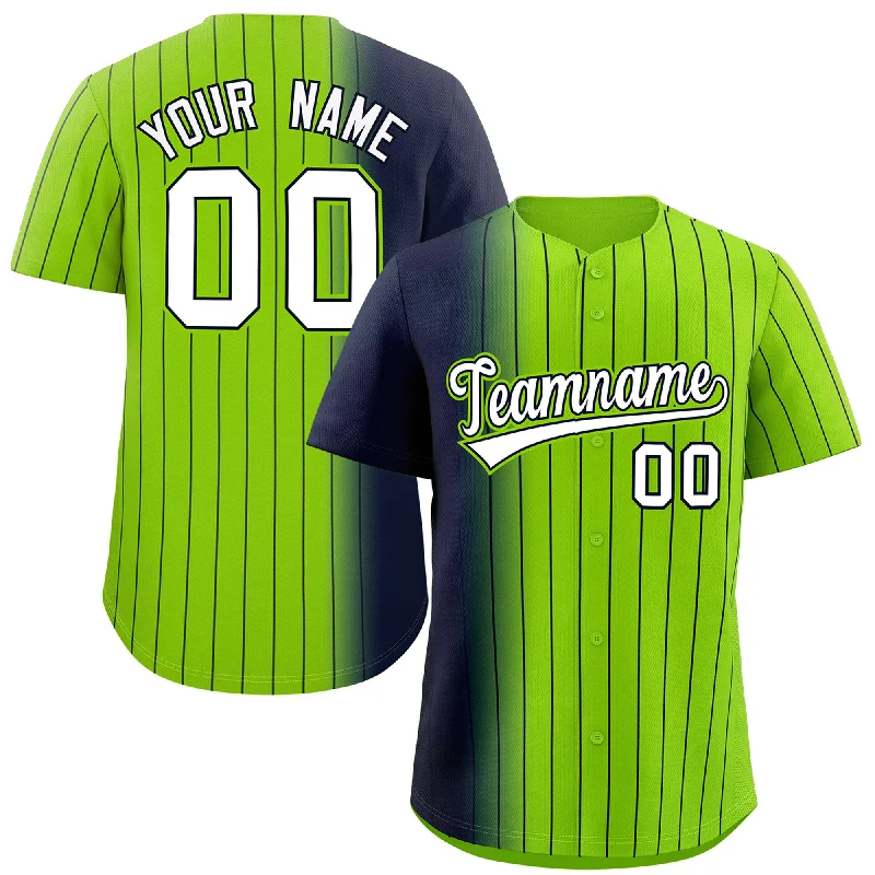 Personalized Baseball Jerseys For Fundraiser Auctions-Custom Neon Green Navy Pinstripe Personalized Gradient Authentic Baseball Jersey