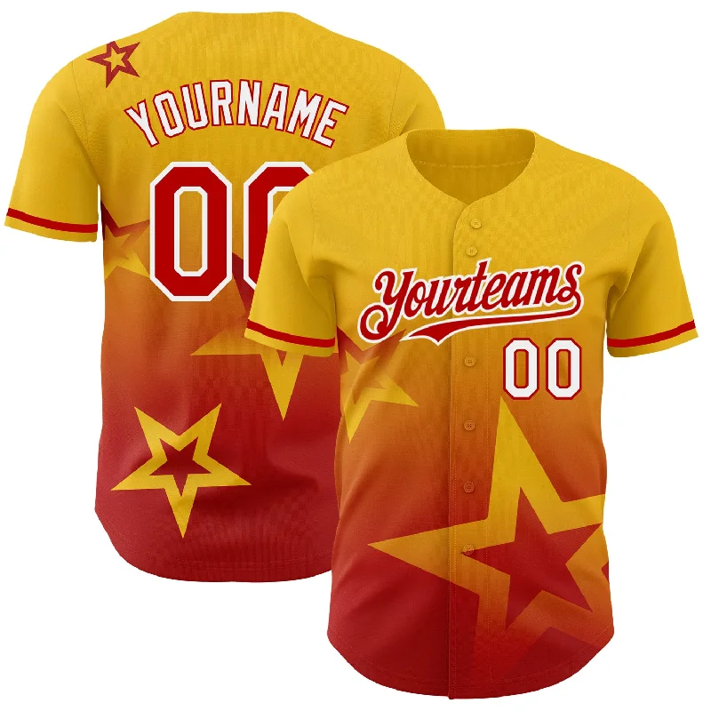 Personalized Baseball Jerseys For Custom Designs-Custom Yellow Red-White 3D Pattern Design Gradient Style Twinkle Star Authentic Baseball Jersey