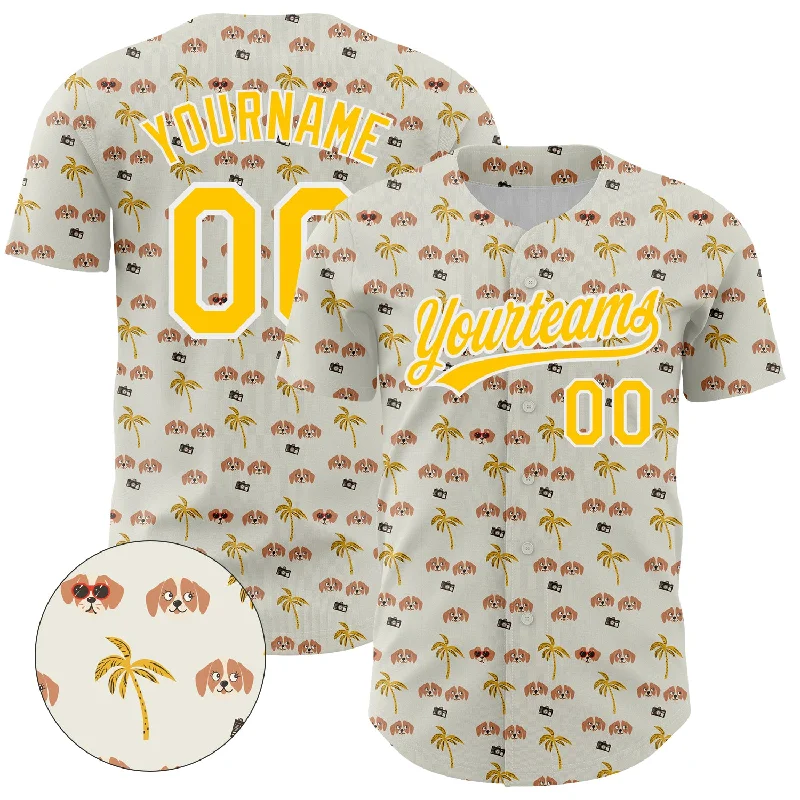 Personalized Baseball Jerseys For Off-Field Wear-Custom White Yellow 3D Pattern Design Animal Dog And Hawaii Palm Trees Authentic Baseball Jersey