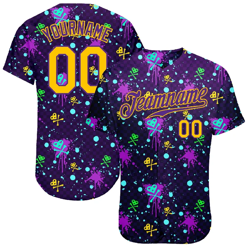 Baseball Jerseys For Tournaments & Competitions-Custom Graffiti Pattern Gold-Purple 3D Clashing Colors Paint-Splatter Authentic Baseball Jersey