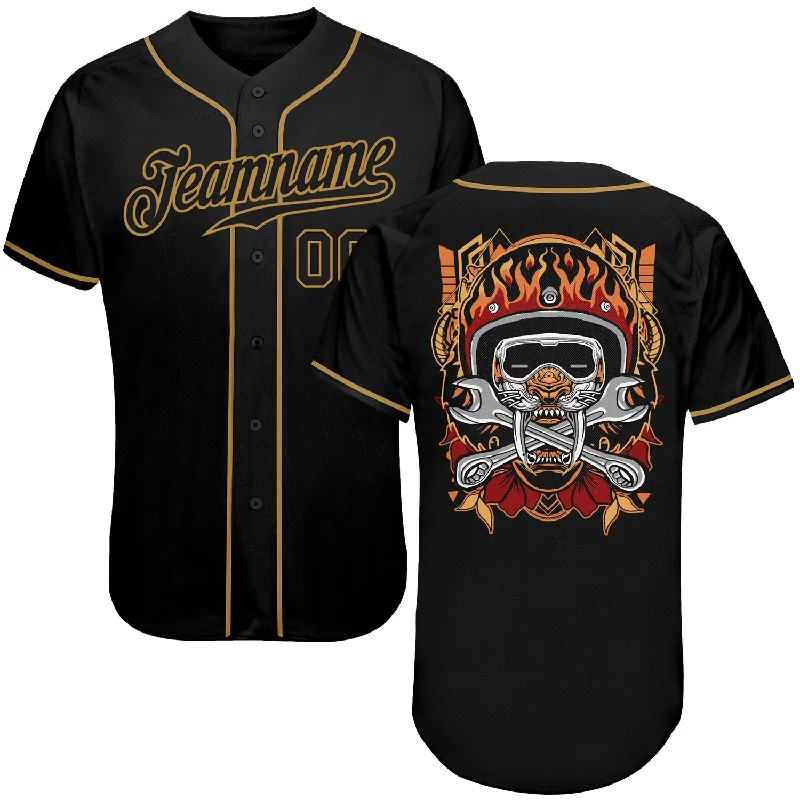 Personalized Baseball Jerseys For School Competitions-Custom Black Black-Old Gold Authentic Skull Fashion Baseball Jersey