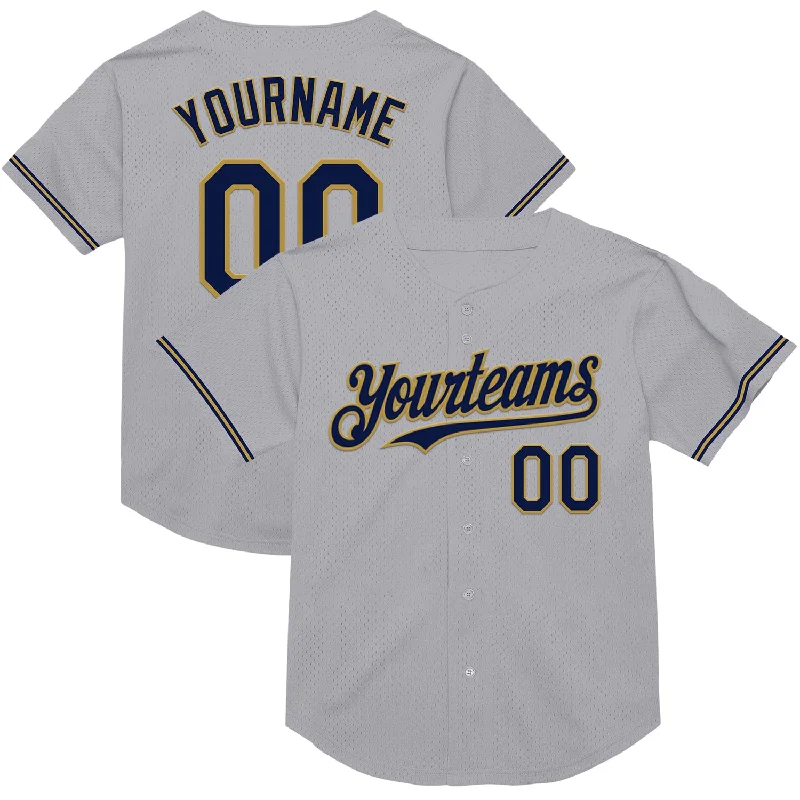 Baseball Jerseys For Personalized Team Apparel-Custom Gray Navy-Old Gold Mesh Authentic Throwback Baseball Jersey