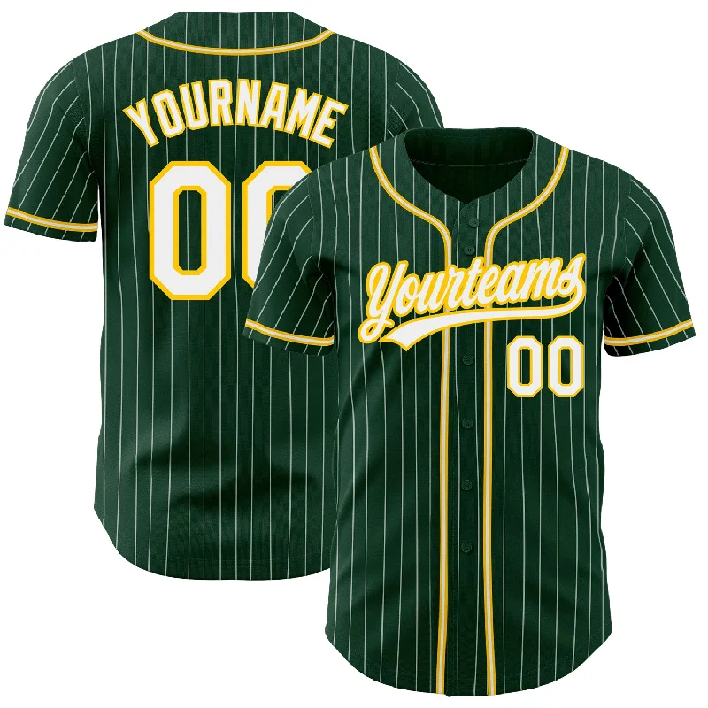 Custom Baseball Jerseys With Player Stats-Custom Green White Pinstripe White-Gold Authentic Baseball Jersey