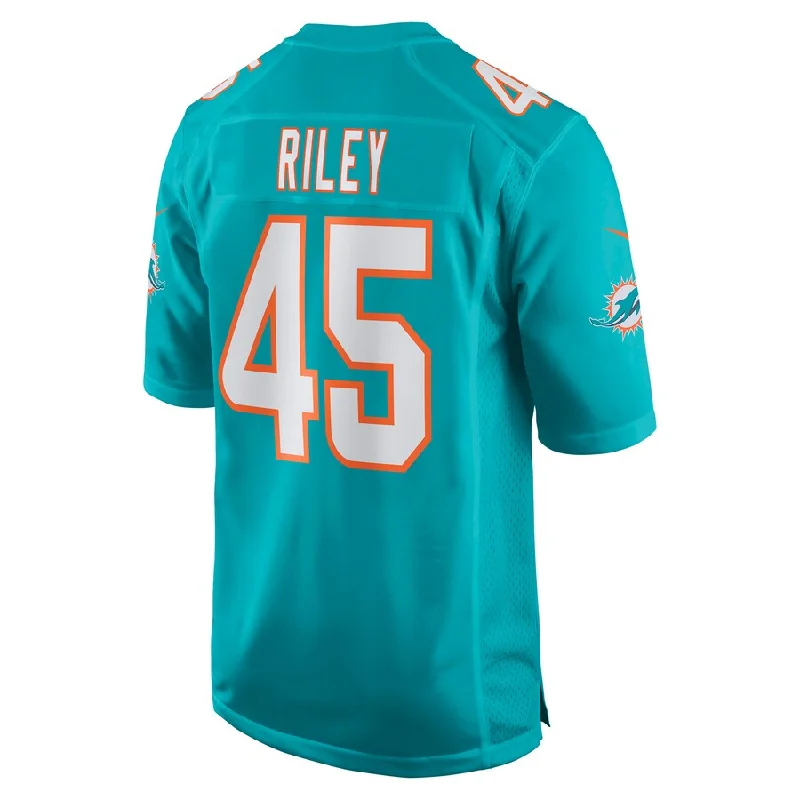 Custom Rugby Jerseys With Embroidered Names-M.Dolphins #45 Duke Riley Aqua Game Jersey Stitched American Football Jerseys