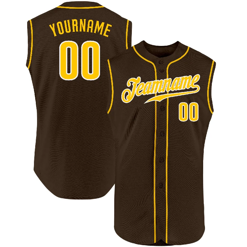 Custom Baseball Jerseys For VIP Events-Custom Brown Gold-White Authentic Sleeveless Baseball Jersey