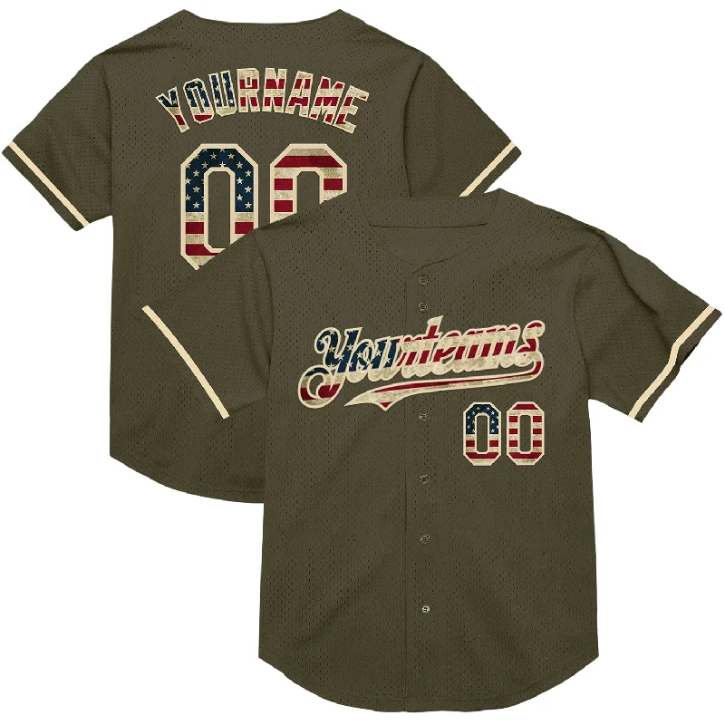 Custom Baseball Jerseys For Player Celebrations-Custom Olive Vintage USA Flag-Cream Mesh Authentic Throwback Salute To Service Baseball Jersey