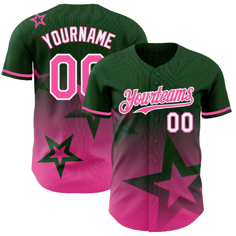 Baseball Jerseys With Custom Logos & Emblems-Custom Green Pink-White 3D Pattern Design Gradient Style Twinkle Star Authentic Baseball Jersey