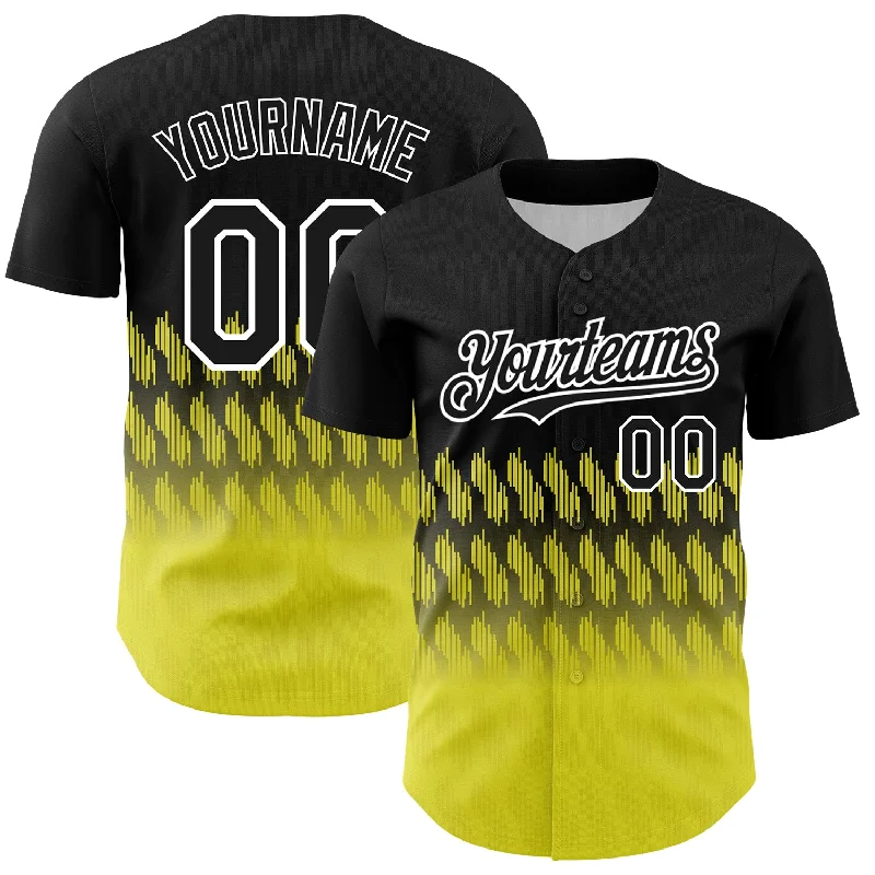 Custom Baseball Jerseys For Fan Engagement-Custom Black Light Yellow-White 3D Pattern Design Lines Authentic Baseball Jersey