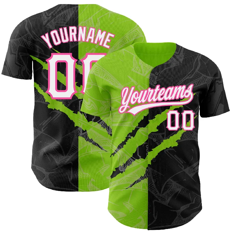 Baseball Jerseys For Local Rugby Clubs-Custom Graffiti Pattern Black Neon Green-Pink 3D Scratch Authentic Baseball Jersey