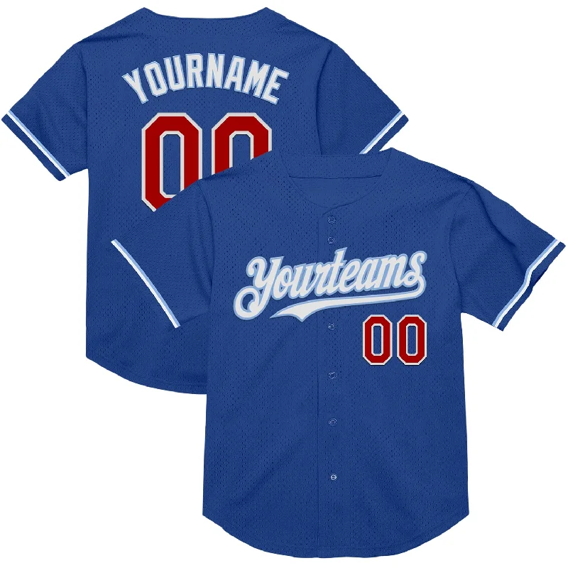 Custom Baseball Jerseys For Fundraising Events-Custom Royal Red-Light Blue Mesh Authentic Throwback Baseball Jersey