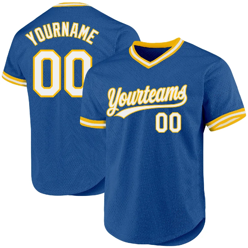 Baseball Jerseys With Custom Text-Custom Blue White-Gold Authentic Throwback Baseball Jersey