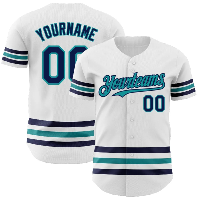 Personalized Baseball Jerseys For Custom Designs-Custom White Navy-Teal Line Authentic Baseball Jersey