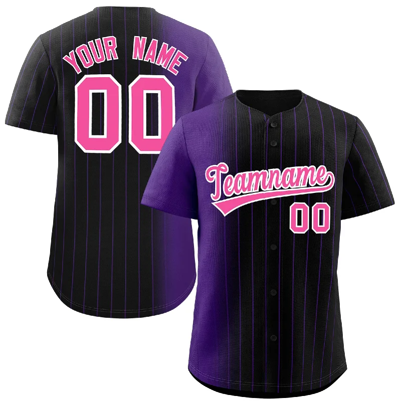 Custom Baseball Jerseys With Bold Graphics-Custom Black Purple Pinstripe Personalized Gradient Authentic Baseball Jersey