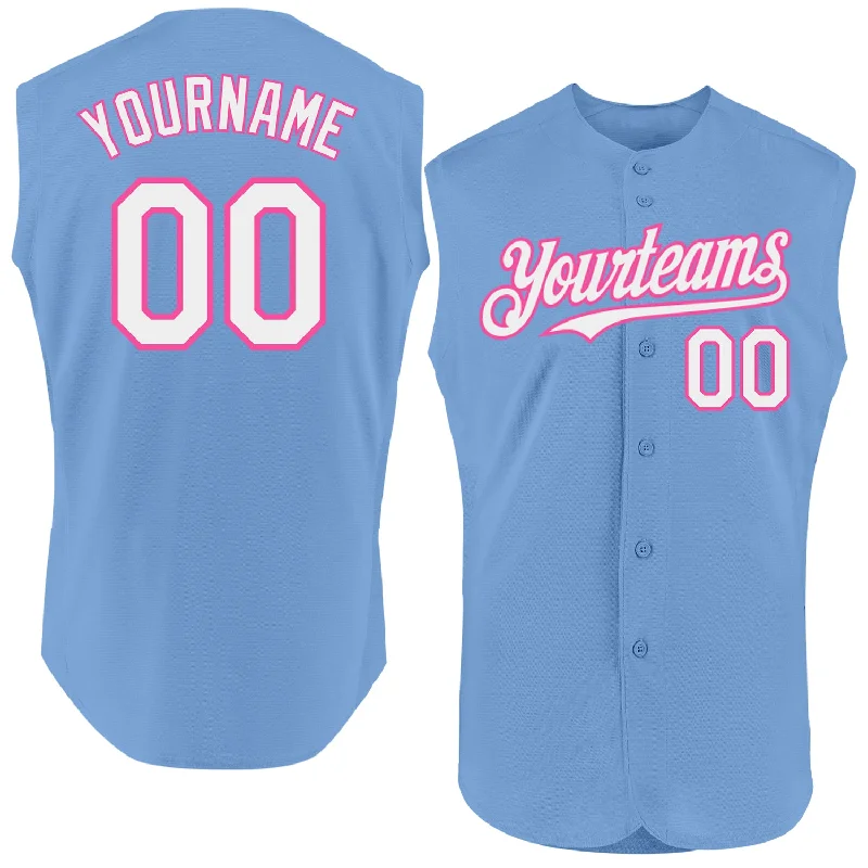 Personalized Baseball Jerseys For Tournament Winners-Custom Light Blue White-Pink Authentic Sleeveless Baseball Jersey