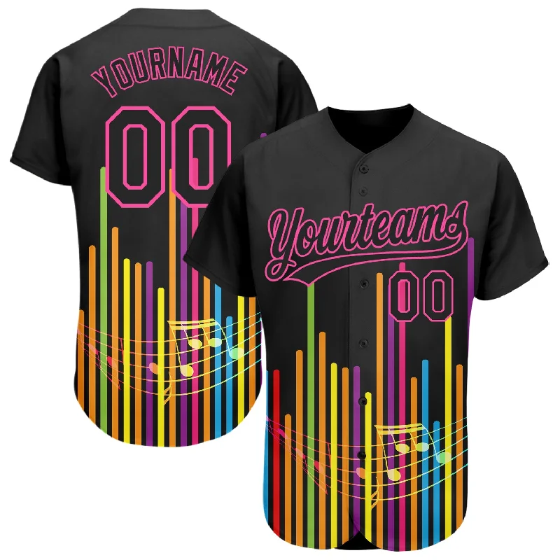 Baseball Jerseys With Custom Logos & Emblems-Custom Black Pink 3D Pattern Design Music Festival Abstract Music Soundwave Authentic Baseball Jersey