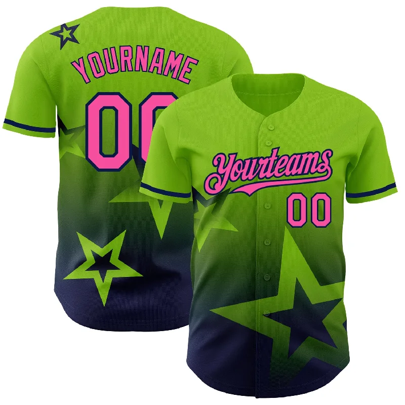 Custom Baseball Jerseys For Social Gatherings-Custom Neon Green Pink-Navy 3D Pattern Design Gradient Style Twinkle Star Authentic Baseball Jersey