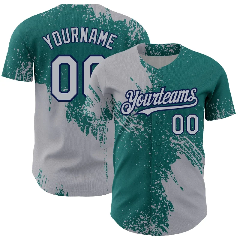 Baseball Jerseys With Player Numbers-Custom Gray Teal-Navy 3D Pattern Design Abstract Brush Stroke Authentic Baseball Jersey