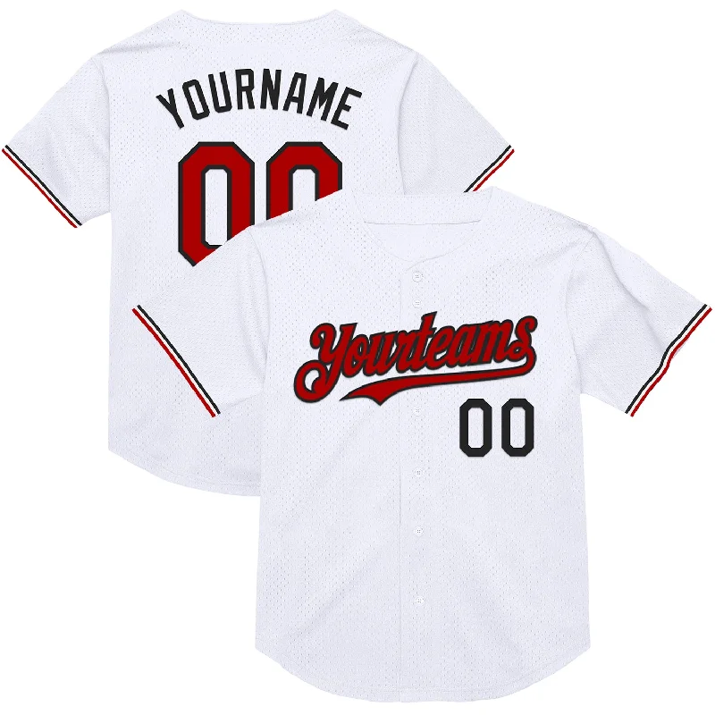 Custom Baseball Jerseys For Special Events-Custom White Red-Black Mesh Authentic Throwback Baseball Jersey