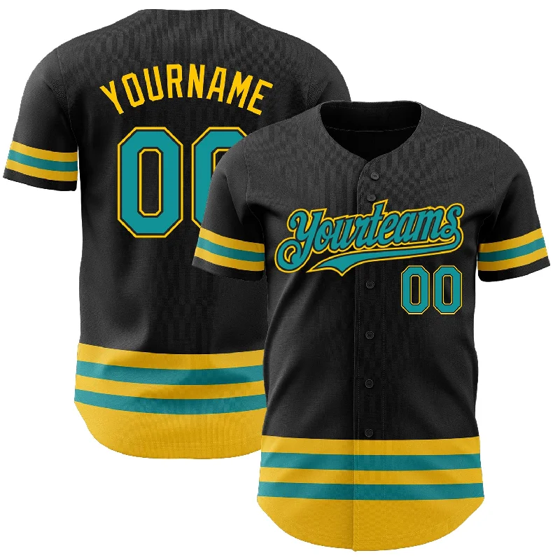 Personalized Baseball Jerseys-Custom Black Teal-Yellow Line Authentic Baseball Jersey