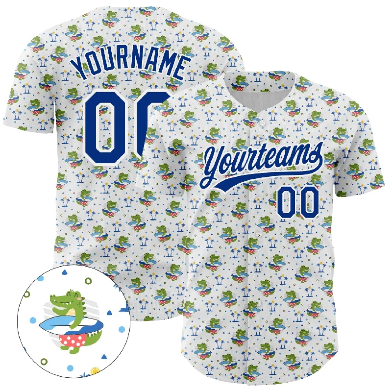 Custom Baseball Jerseys For Seasonal Leagues-Custom White Royal 3D Pattern Design Animal Crocodile Surfing Authentic Baseball Jersey