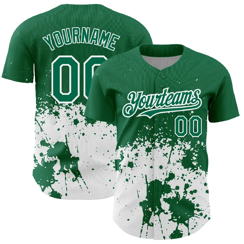 Personalized Baseball Jerseys For Special Teams-Custom Kelly Green White 3D Pattern Design Abstract Splash Grunge Art Authentic Baseball Jersey