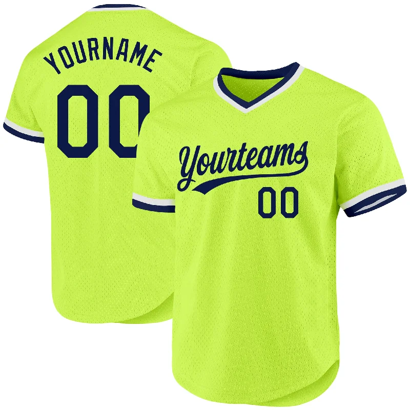 Personalized Baseball Jerseys For Special Recognitions-Custom Neon Green Navy-White Authentic Throwback Baseball Jersey