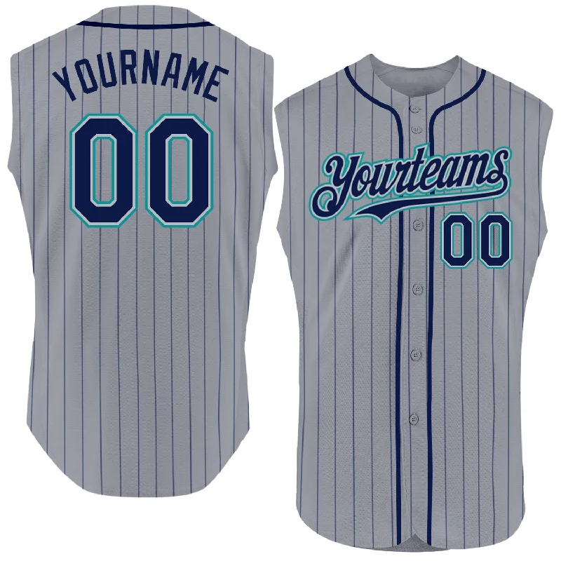 Custom Baseball Jerseys For Summer Leagues-Custom Gray Navy Pinstripe Teal Authentic Sleeveless Baseball Jersey