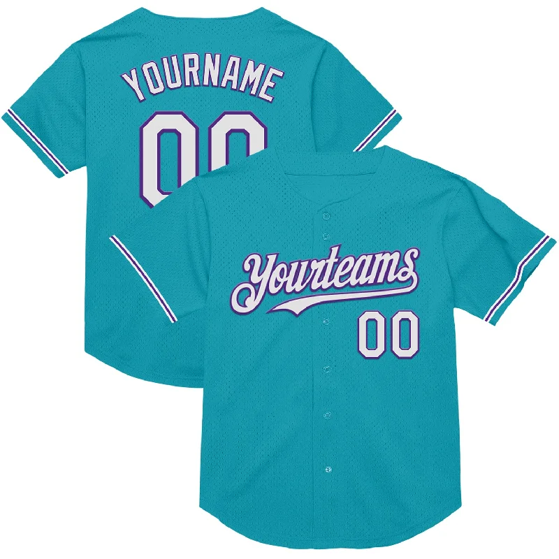 Custom Baseball Jerseys With Bold Fonts-Custom Teal White-Purple Mesh Authentic Throwback Baseball Jersey