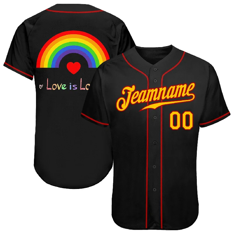 Personalized Baseball Jerseys For Event Gifting-Custom Black Gold-Red Rainbow For Pride Month Love Is Love LGBT Authentic Baseball Jersey