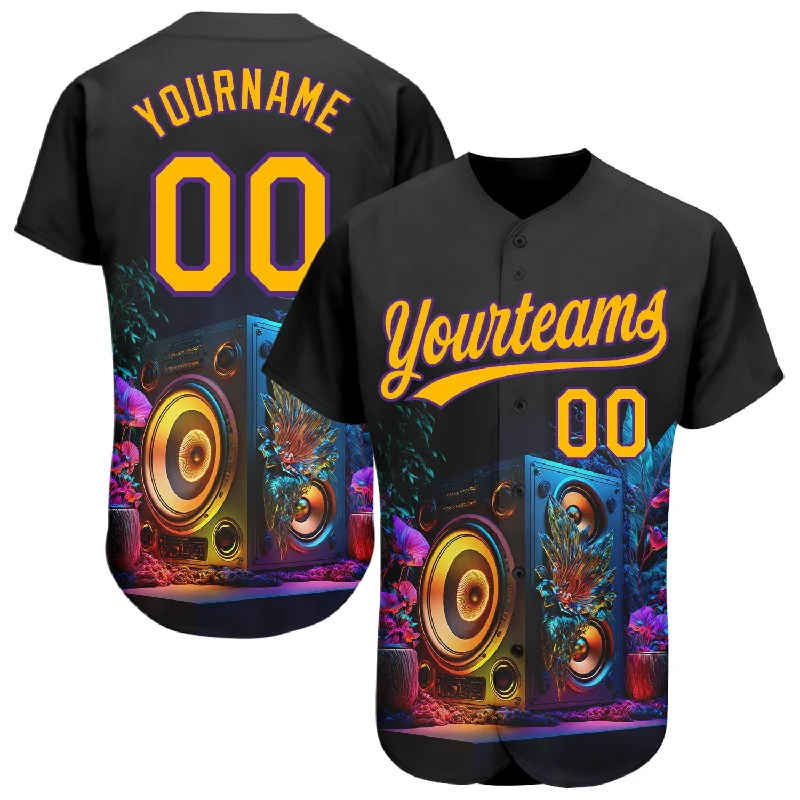 Baseball Jerseys With Custom Team Designs-Custom Black Gold-Purple 3D Pattern Design Music Festival Vintage Speaker Music Sound System Authentic Baseball Jersey