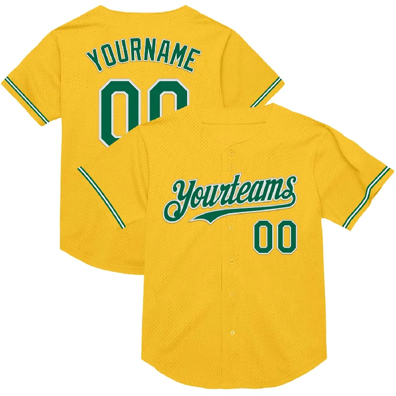 Custom Baseball Jerseys For Charity Events-Custom Gold Kelly Green-White Mesh Authentic Throwback Baseball Jersey