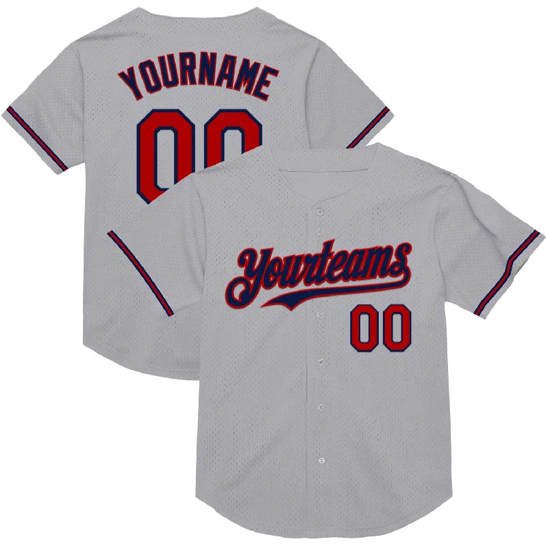 Baseball Jerseys For Corporate Team Activities-Custom Gray Red-Navy Mesh Authentic Throwback Baseball Jersey