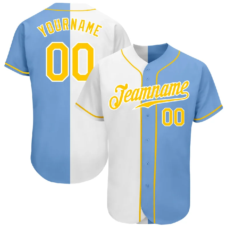 Personalized Baseball Jerseys For Event Marketing-Custom Light Blue Gold-White Authentic Split Fashion Baseball Jersey