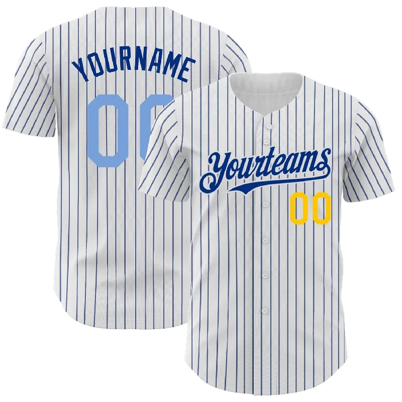 Baseball Jerseys For Family Events-Custom White Royal Pinstripe Light Blue-Yellow Authentic Baseball Jersey