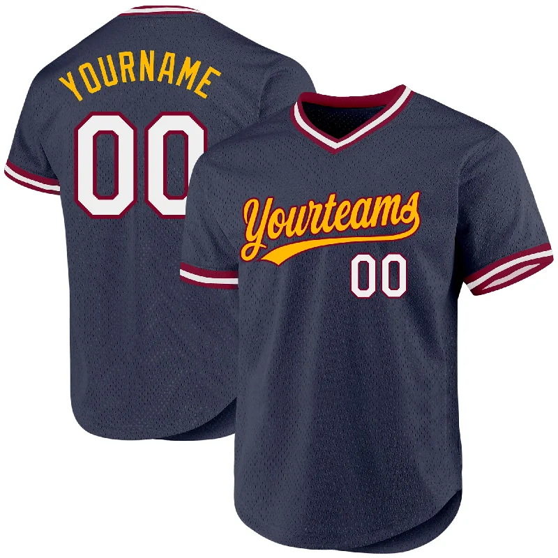 Custom Baseball Jerseys With Text & Logo-Custom Navy Maroon-Gold Authentic Throwback Baseball Jersey