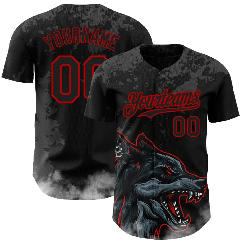 Baseball Jerseys For School Competitions-Custom Black Red 3D Pattern Design Animal Wolf Authentic Baseball Jersey