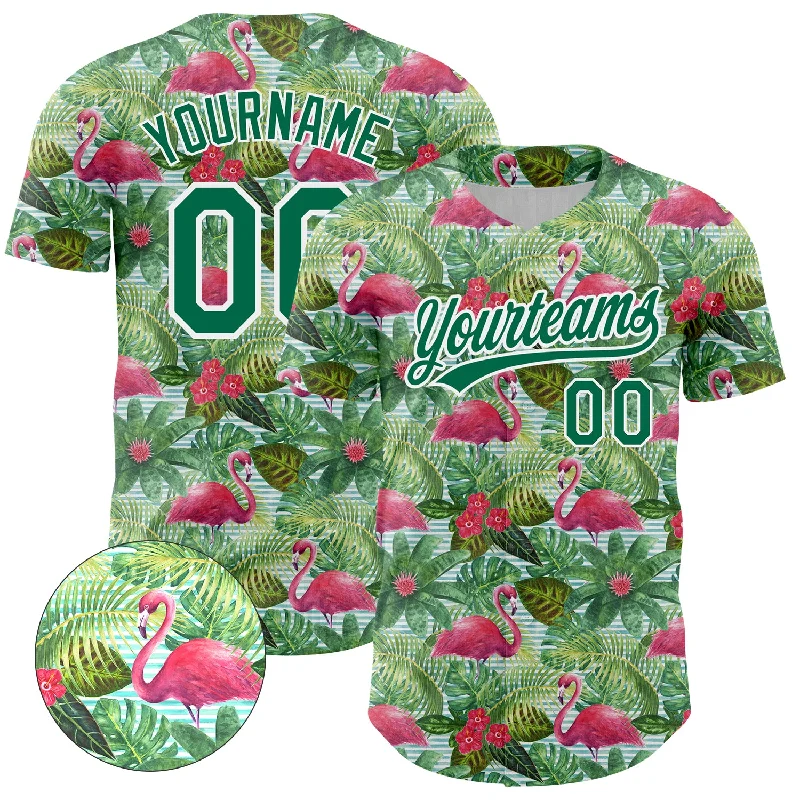 Personalized Baseball Jerseys For Youth Competitions-Custom White Kelly Green 3D Pattern Design Animal Flamingo And Hawaii Palm Leaves Authentic Baseball Jersey