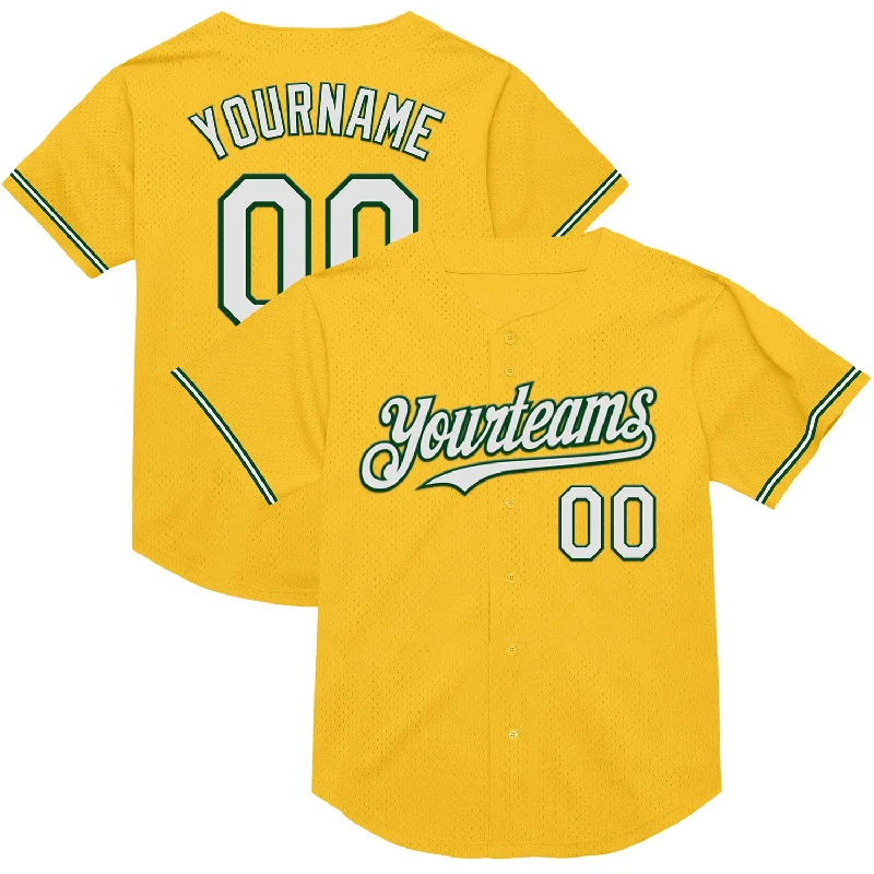 Baseball Jerseys With Custom Text-Custom Gold White-Green Mesh Authentic Throwback Baseball Jersey