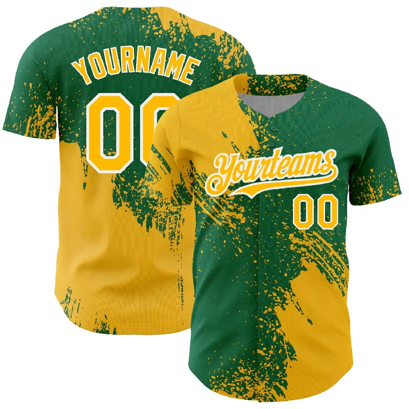 Personalized Baseball Jerseys For Fans & Players-Custom Gold Kelly Green-White 3D Pattern Design Abstract Brush Stroke Authentic Baseball Jersey