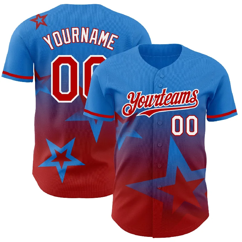 Baseball Jerseys For Promotional Campaigns-Custom Electric Blue Red-White 3D Pattern Design Gradient Style Twinkle Star Authentic Baseball Jersey